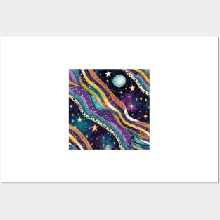 Geometric pattern of curved seamless stripes making a starry night with galaxy and stars Posters and Art